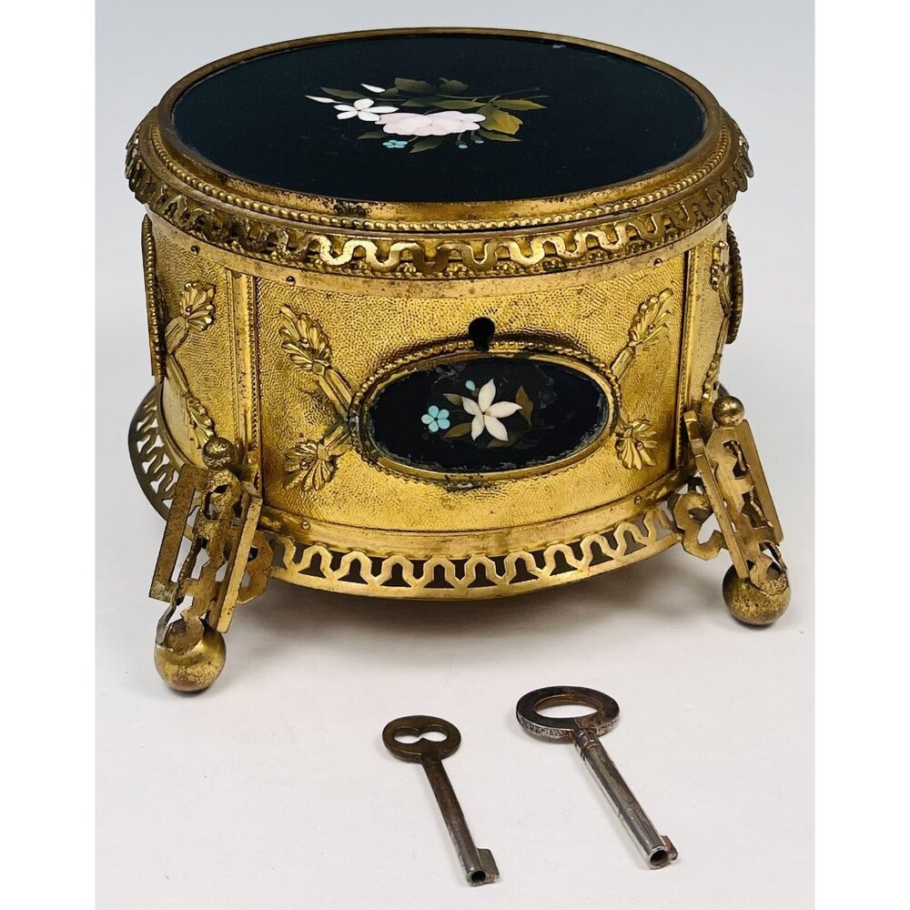 Antique 6.5" Pietra Dura Micromosaic Round Gilt-Bronze JEWELRY BOX w/ Velvet Key - Picture 1 of 12